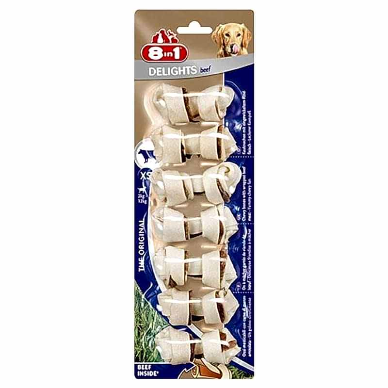 8 in 1 Delights Bones Ağız Bakımı için Düğümlü Sığır Etli Köpek Kemiği Xsmall 7`li 84 Gr 8 in 1 Delights Bones Ağız Bakımı için Düğümlü Sığır Etli Köpek Kemiği Xsmall 7`li 84 Gr