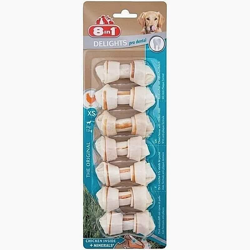8 in 1 Delights Pro Dental Diş Sağlığı İçin Tavuk Etli Düğümlü Köpek Kemiği Xsmall 7`li 84 Gr 8 in 1 Delights Pro Dental Diş Sağlığı İçin Tavuk Etli Düğümlü Köpek Kemiği Xsmall 7`li 84 Gr