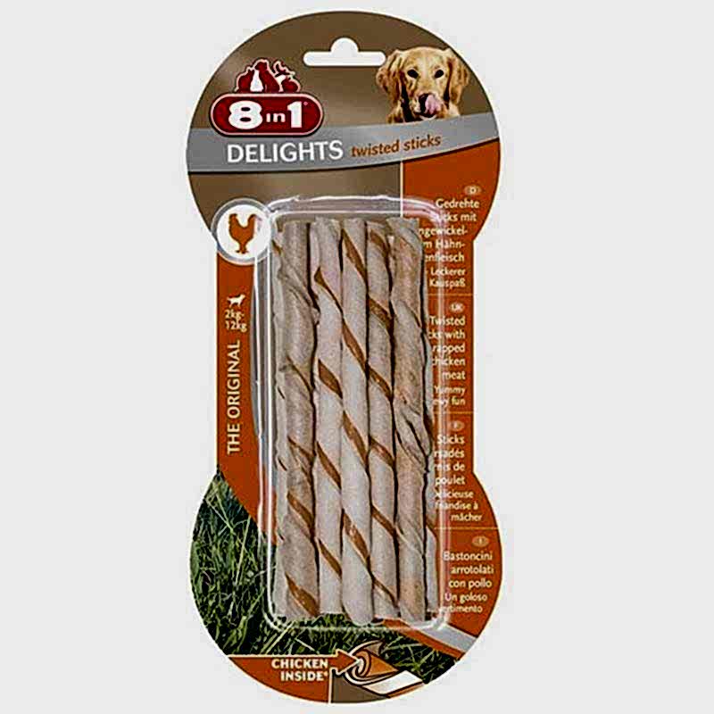 8 in 1 Delights Twisted Sticks Tavuk Etli Köpek Kemiği 10`lu 55 Gr 8 in 1 Delights Twisted Sticks Tavuk Etli Köpek Kemiği 10`lu 55 Gr