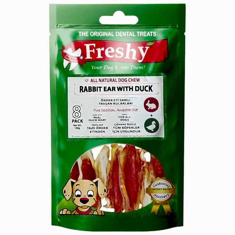 Freshy Rabbit Ear Whit Duck Ördek Eti Kaplı Tavşan Kulağı 100 Gr 8`li Freshy Rabbit Ear Whit Duck Ördek Eti Kaplı Tavşan Kulağı 100 Gr 8`li